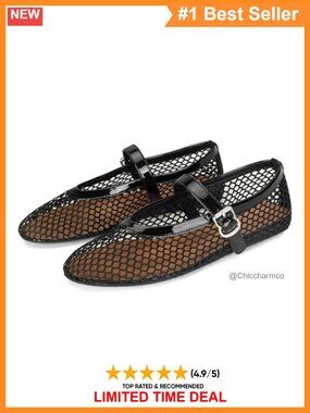 Mesh Ballet Flats Buckle Strap Comfy Casual Office Fishnet Ballerina Shoes